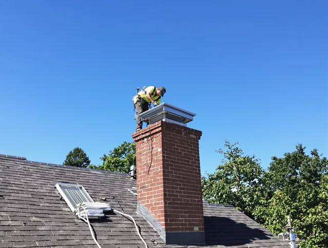 Mahoning Chimney Sweep technician measuring a chimney cap in Mahoning, OH